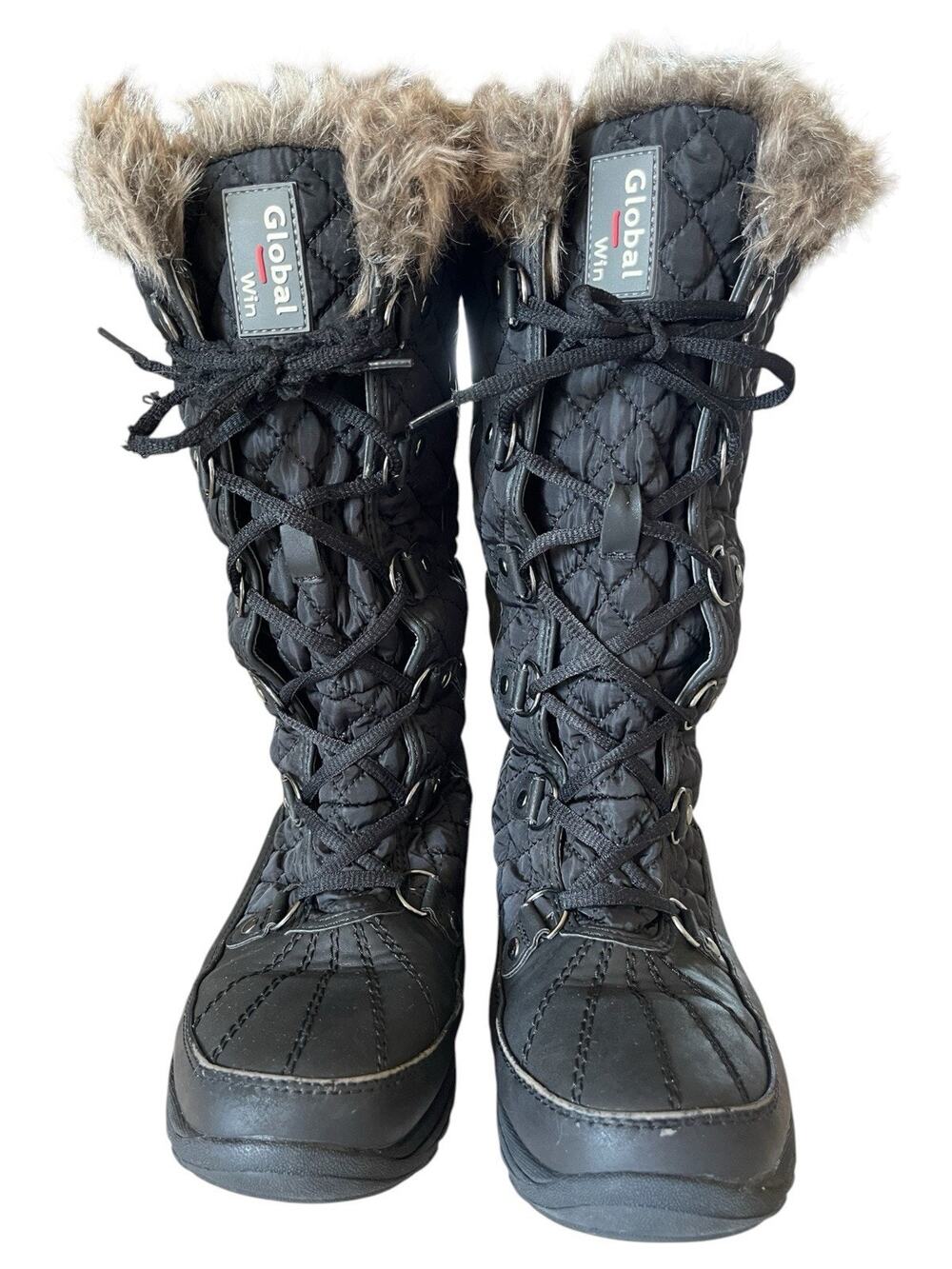 Global Win Women’s Winter Snow Boots Size 8.5 Black Quilted Fur Cuff Lace Up